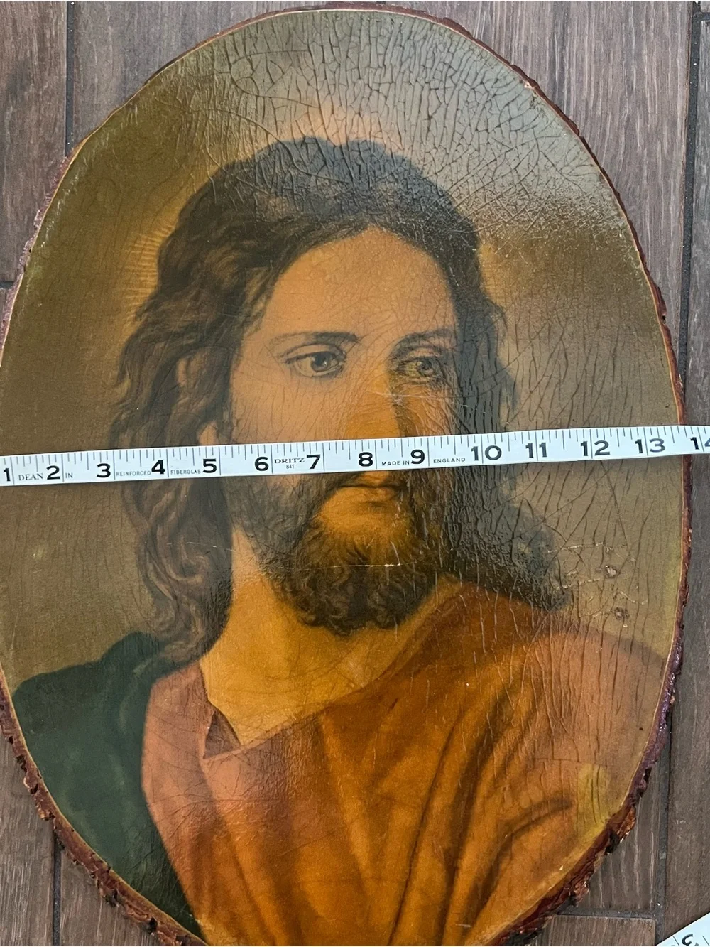 Vintage Decoupage Jesus Head of Christ Wood Slab Wall Hanging